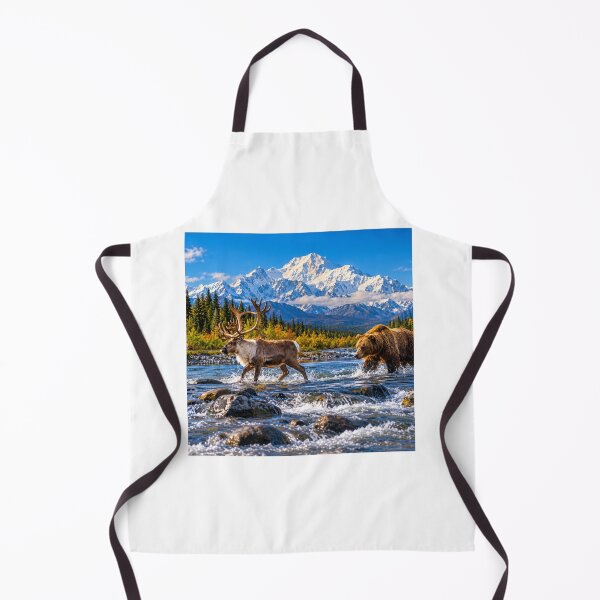 Item preview, Alaska Wildlife With Caribou and Brown Bear crossing the river near the Mt Mckinley Mountain designed and sold by GoodPlaceToShop.