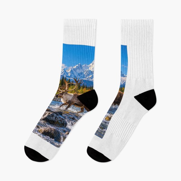 Item preview, Alaska Wildlife With Caribou and Brown Bear crossing the river near the Mt Mckinley Mountain designed and sold by GoodPlaceToShop.