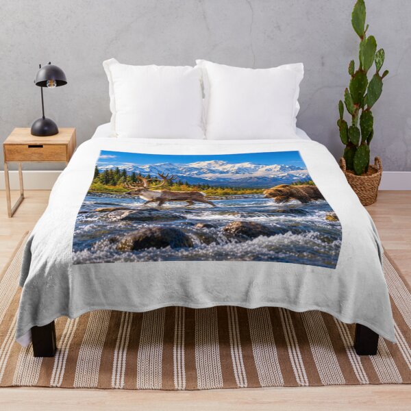 Item preview, Alaska Wildlife With Caribou and Brown Bear crossing the river near the Mt Mckinley Mountain designed and sold by GoodPlaceToShop.