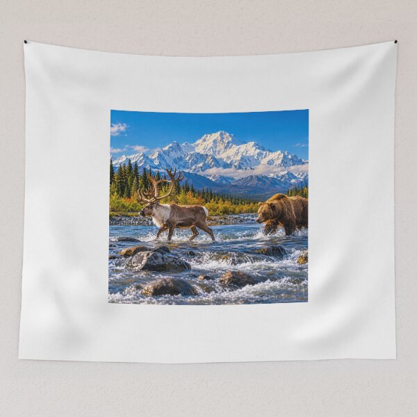Item preview, Alaska Wildlife With Caribou and Brown Bear crossing the river near the Mt Mckinley Mountain designed and sold by GoodPlaceToShop.