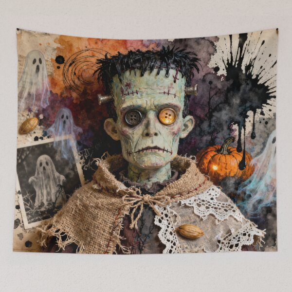 Item preview, Frankenstein's Haunted Patchwork – Gothic Halloween Mixed Media Collage designed and sold by DreamyWallVibes.