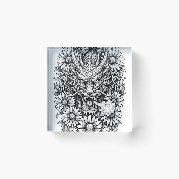 Item preview, Symmetrical Floral Dragon Emblem - Daisy Wreath Ink Art designed and sold by DragonSerpent Ink.