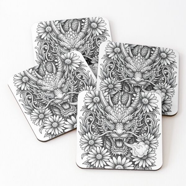 Item preview, Symmetrical Floral Dragon Emblem - Daisy Wreath Ink Art designed and sold by DragonSerpent Ink.