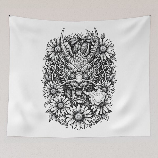 Item preview, Symmetrical Floral Dragon Emblem - Daisy Wreath Ink Art designed and sold by DragonSerpent Ink.