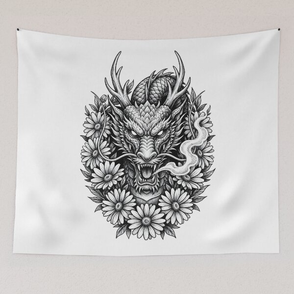 Item preview, Antler Horned Dragon Daisy Wreath - Smoke Ribbon Ink Art designed and sold by DragonSerpent Ink.