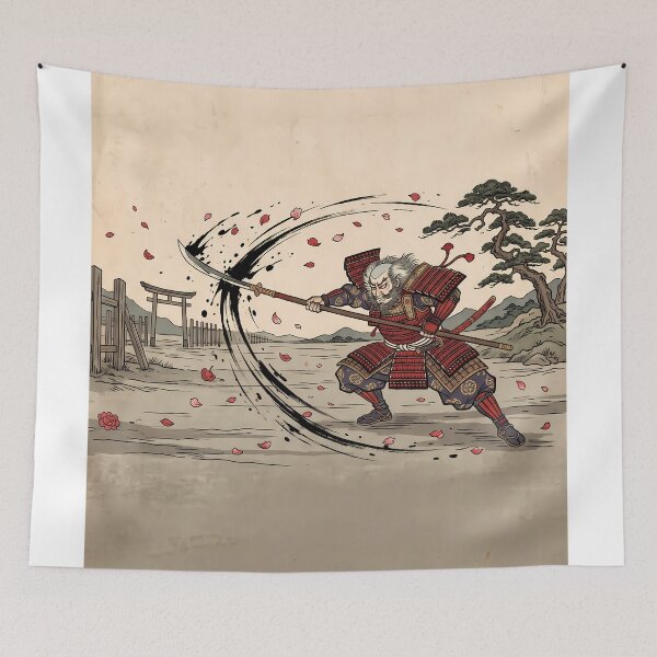 Item preview, Veteran Samurai Slashing Naginata with Cherry Blossoms designed and sold by TokyoUkiyoHouse.