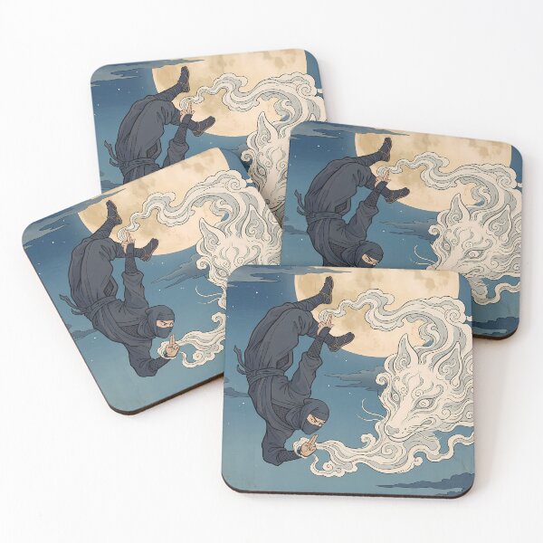 Item preview, Diving Ninja Summoning Fox Smoke Under Moon designed and sold by TokyoUkiyoHouse.