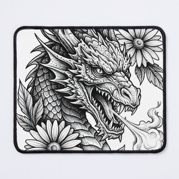 Item preview, Fierce Dragon Head with Daisies Dotwork Illustration designed and sold by DragonSerpent Ink.