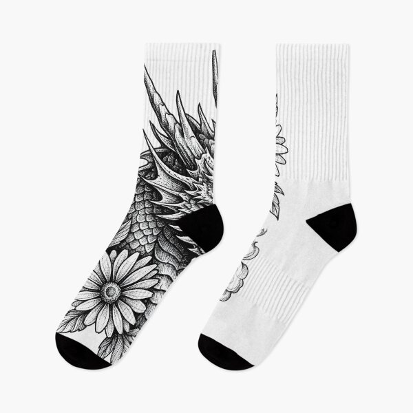 Item preview, Fierce Dragon Head with Daisies Dotwork Illustration designed and sold by DragonSerpent Ink.