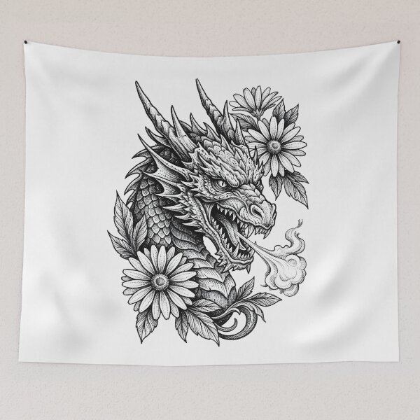 Item preview, Fierce Dragon Head with Daisies Dotwork Illustration designed and sold by DragonSerpent Ink.