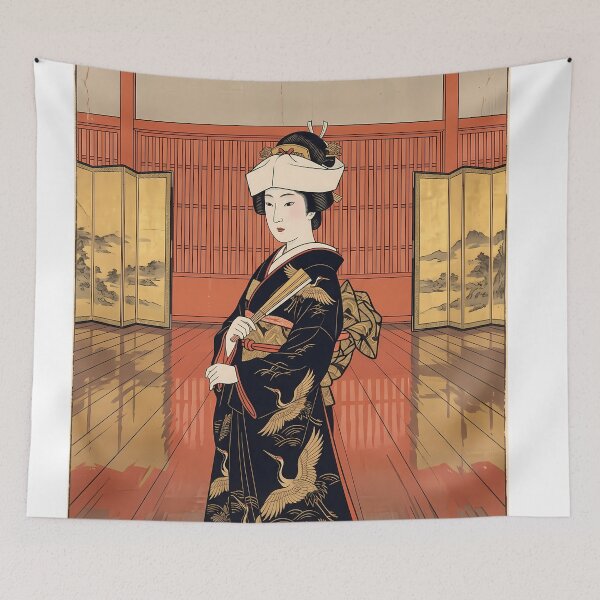 Item preview, Japanese Bride in Crane Kimono with Folding Screens designed and sold by TokyoUkiyoHouse.