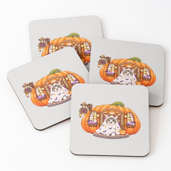 Item preview, Ggomani Kitten Wearing a Ghost Costume at a Pumpkin Cafe designed and sold by haewamal.