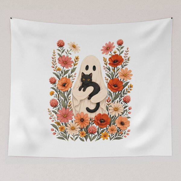 Item preview, Ghost Cat Floral Halloween Art designed and sold by SoyLamderma.