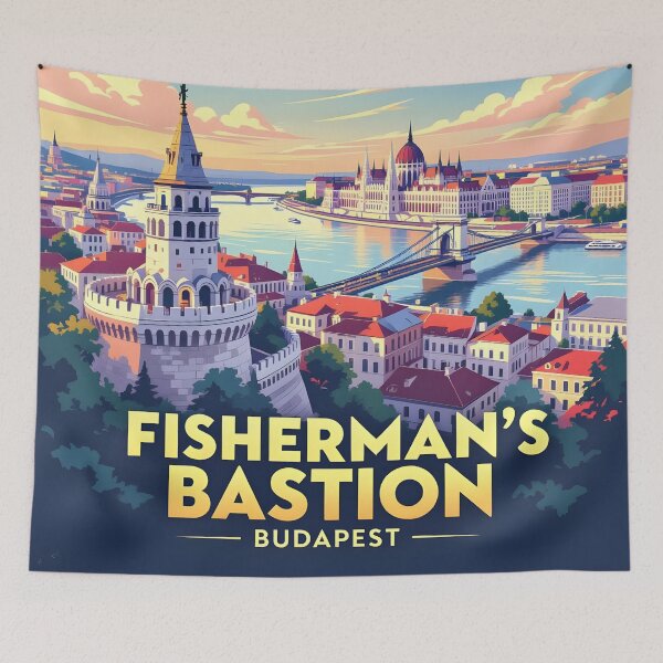 Item preview, Fisherman’s Bastion Budapest – Vintage Riverside Travel Poster designed and sold by LSVart.