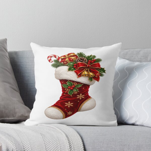 Item preview, Christmas Stocking with Red Velvet, White Fur, Holly and Golden Bells designed and sold by Pixanova.