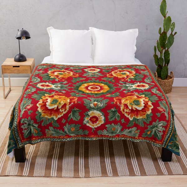 Item preview, Uzbekistan Suzani Embroidery Floral Red Green Vintage Oriental Pattern designed and sold by GrinGalore.