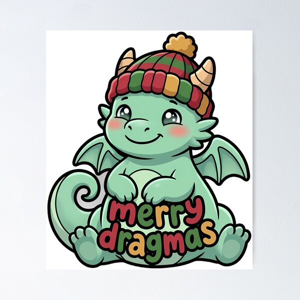 Item preview, Cute Christmas Dragon in a Knitted Bobble Hat - Merry Dragmas designed and sold by pumsquare.