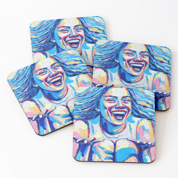 Item preview, Cheerful woman, blue hair, portrait, modern art, colorful acrylic painting designed and sold by MontekkiArt.