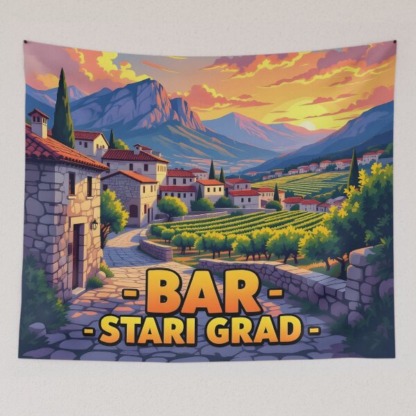 Item preview, Bar Old Town Montenegro – Vintage Mountain Village Travel Poster designed and sold by LSVart.