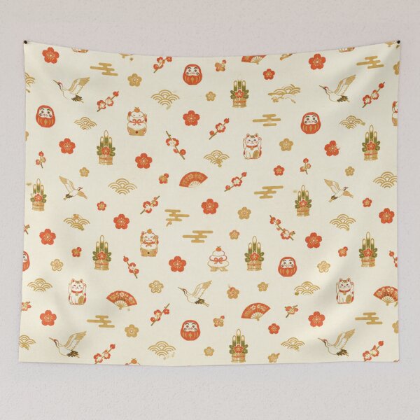 Item preview, Japanese Lucky Charms Vintage Pattern - Maneki Neko & Daruma designed and sold by vekotpu.