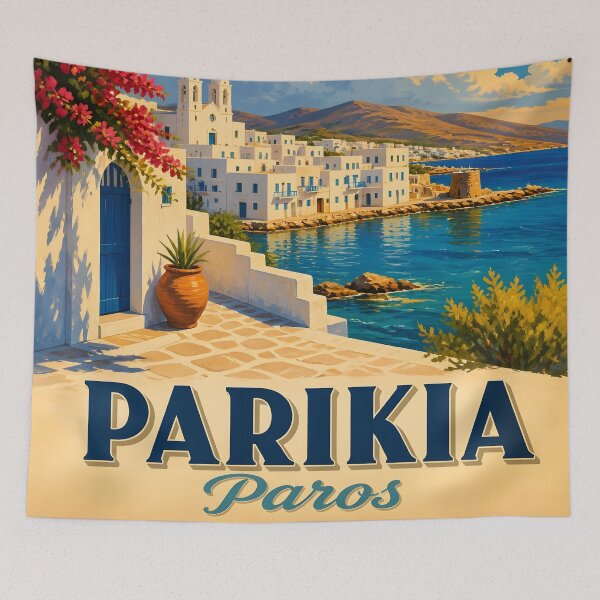 Item preview, Parikia Paros Greece – Vintage Seafront Travel Poster designed and sold by LSVart.