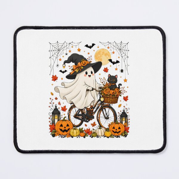 Item preview, Cute Ghost Riding Bike with Cat and Pumpkins designed and sold by GiaoCalonas.