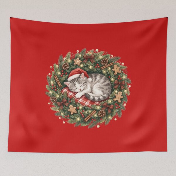 Item preview, Cute Christmas Kitten Sleeping in Festive Wreath - Cozy Winter Cottagecore designed and sold by daila70.