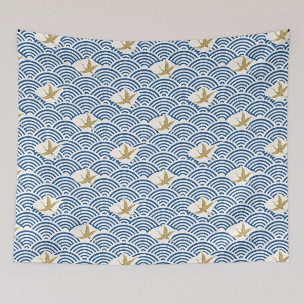 Item preview, Japanese Crane Seigaiha Wave Pattern - Traditional Blue & Gold designed and sold by vekotpu.