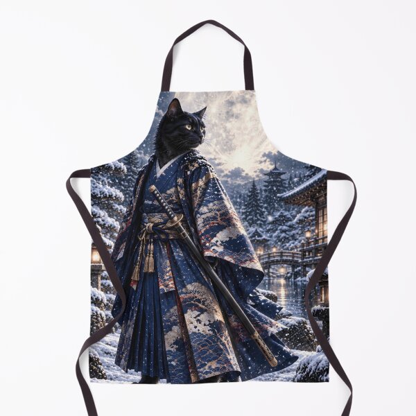 Item preview, Samurai Black Cat in Kimono Under a Winter Full Moon designed and sold by Silken moonlight .