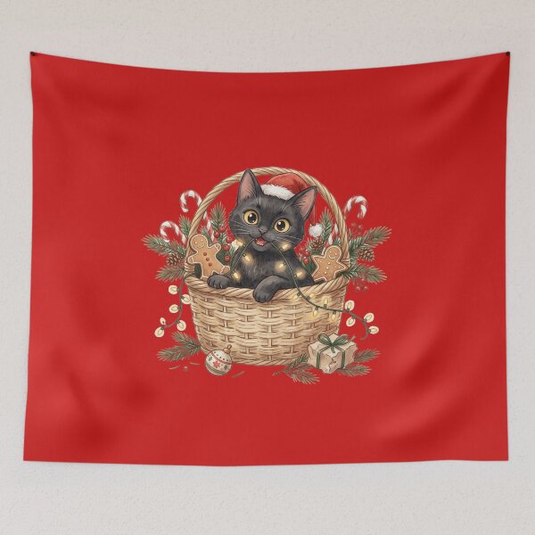 Item preview, Cute Curious Black Kitten in Christmas Basket - Cozy Winter Cottagecore designed and sold by daila70.