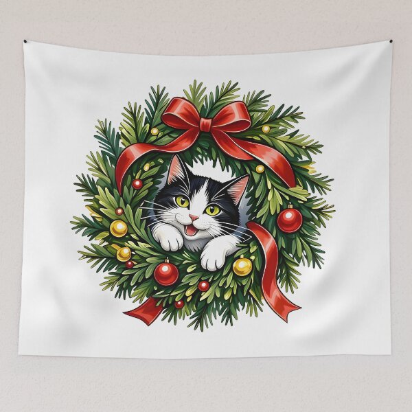 Item preview, Festive Tuxedo Cat in Christmas Wreath designed and sold by Sybille-Yates.