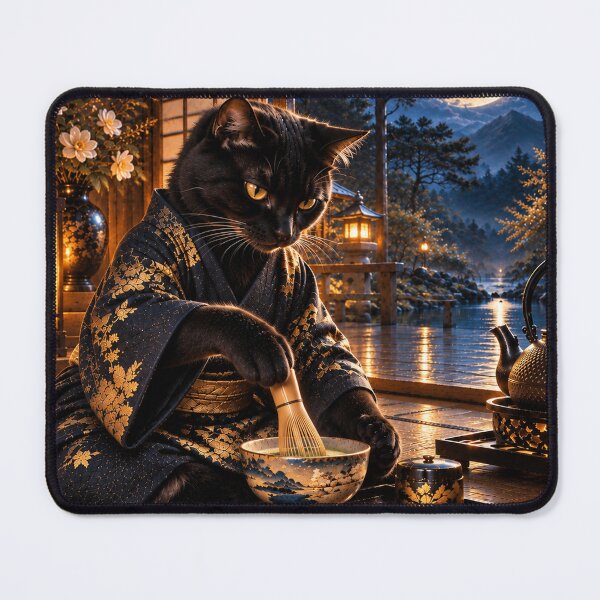 Item preview, Japanese Black Cat Tea Ceremony Under the Full Moon designed and sold by Silken moonlight .