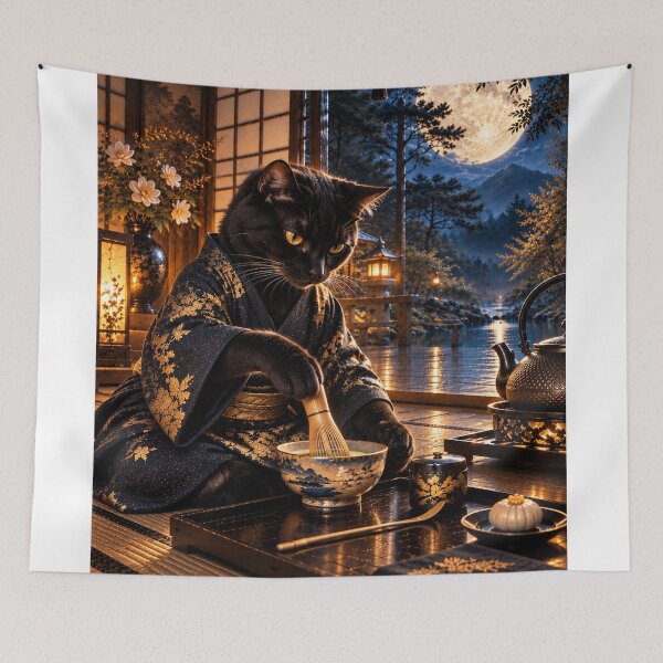 Item preview, Japanese Black Cat Tea Ceremony Under the Full Moon designed and sold by Silken moonlight .