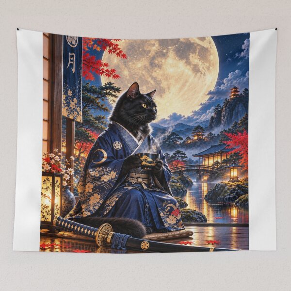 Item preview, Black Samurai Cat Drinking Tea Under Moonlight designed and sold by Silken moonlight .