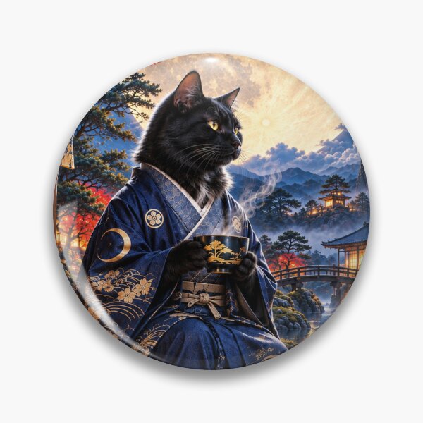 Item preview, Black Samurai Cat Drinking Tea Under Moonlight designed and sold by Silken moonlight .