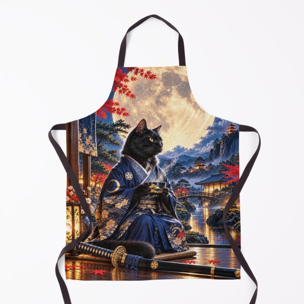 Item preview, Black Samurai Cat Drinking Tea Under Moonlight designed and sold by Silken moonlight .