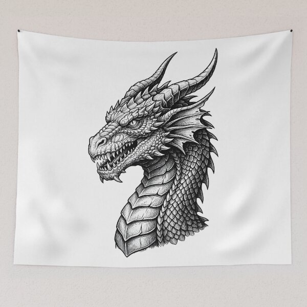 Item preview, Fierce Dragon Head Side Profile Dotwork Tattoo Art designed and sold by DragonSerpent Ink.