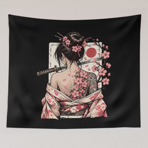 Item preview, Japanese Samurai Woman Sakura Katana Vintage Tattoo Design designed and sold by stmpdwrld.