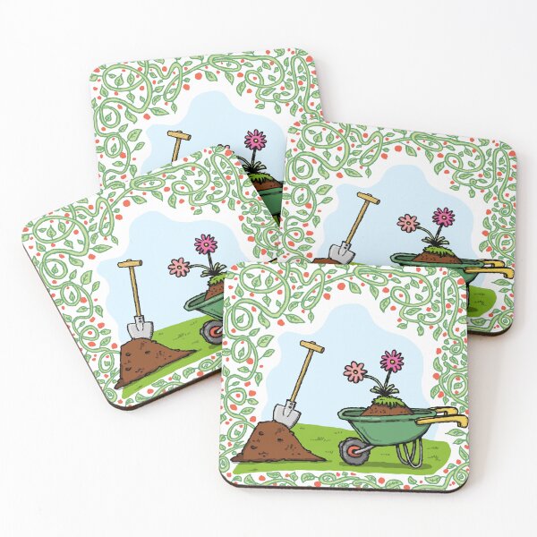 Item preview, Green Wheelbarrow Shovel Pink Flowers Vine Border designed and sold by ManilStuck237.