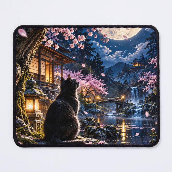 Item preview, Black Cat Under Cherry Blossoms – Moonlit Japanese Garden designed and sold by Silken moonlight .