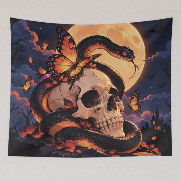 Item preview, Gothic Skull and Black Snake with Butterflies Under Halloween Moon designed and sold by Tem‑Tip of pen.