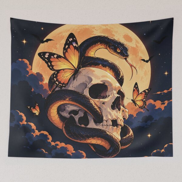 Item preview, Mystical Skull Wrapped in Black Serpent with Orange Butterflies and Full Moon designed and sold by nicetory.