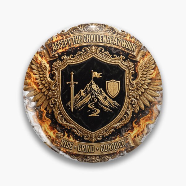Item preview, Accept The Challenge At Work - Rise Grind Conquer Sword Shield Mountain Badge designed and sold by prithvi chand.