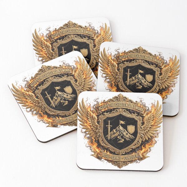 Item preview, Accept The Challenge At Work - Rise Grind Conquer Sword Shield Mountain Badge designed and sold by prithvi chand.