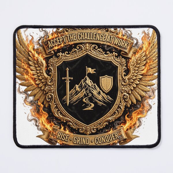 Item preview, Accept The Challenge At Work - Rise Grind Conquer Sword Shield Mountain Badge designed and sold by prithvi chand.