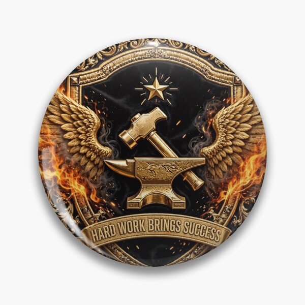 Item preview, Hard Work Brings Success - Golden Hammer Anvil Flaming Wings Badge designed and sold by prithvi chand.