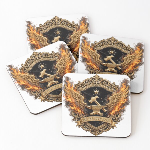 Item preview, Hard Work Brings Success - Golden Hammer Anvil Flaming Wings Badge designed and sold by prithvi chand.