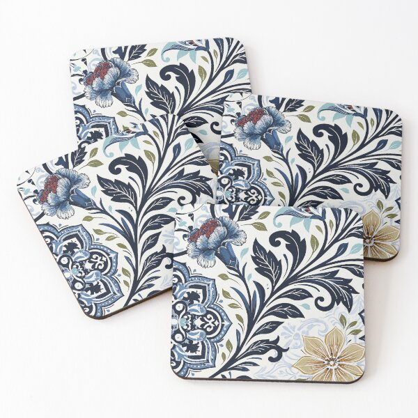 Item preview, Spanish-Inspired Blue Floral Azulejo with Golden Blooms designed and sold by Quietlume Press.