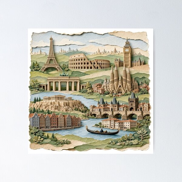 Item preview, European Landmarks 3D Paper Cutout Art Travel Collage T-Shirt designed and sold by Sushikidsntoddlers.