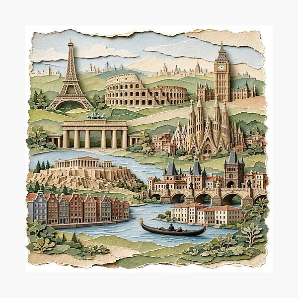 Item preview, European Landmarks 3D Paper Cutout Art Travel Collage T-Shirt designed and sold by Sushikidsntoddlers.